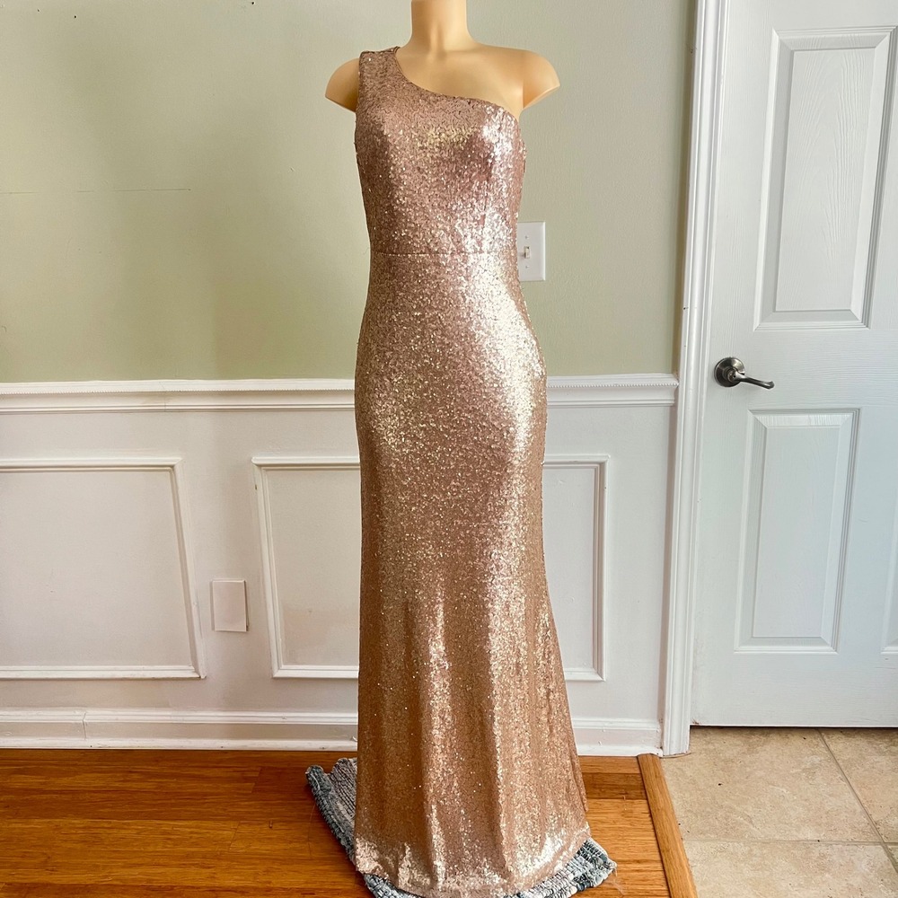 Lulus Sequin Gown Womens XL One Shoulder Champagne Gold Maxi Formal Prom Dress